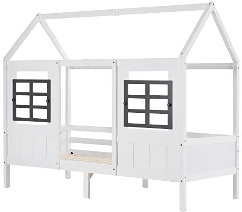 Azkoeesy Kinderbett Hausbett mit Fenster und Lattenrost, Rausfallschutz und Gitter, 90 x 200 cm, Weiß