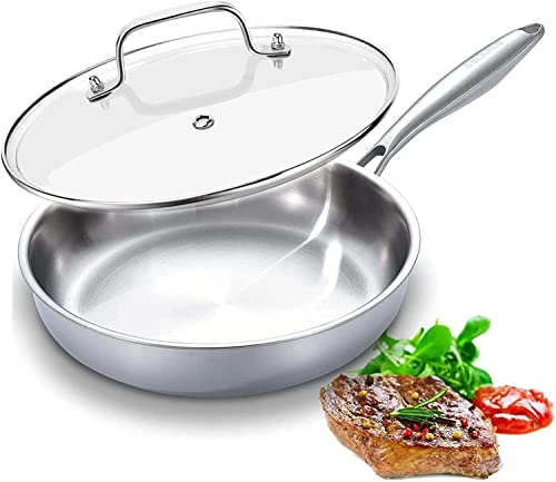 DELARLO Heltäckande treskikts stekpanna i rostfritt stål med lock, induktionsstekpanna, ugnssäker, lämplig för alla hällar (avtagbart handtag)