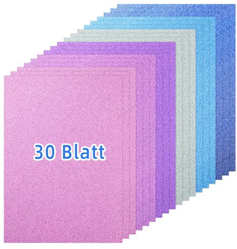 Blau Serie Glitzerpapier zum Basteln, 30 Blatt Bunt Glitzer Papier A4, 6 Farben, 250g/m² Glitterkarton zum Basteln und Gestalten