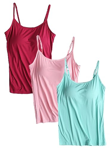 Jamron Mujer 3 Piezas Camisola sin Mangas con Sujetador Integrado Camiseta Interior con Tirantes Finos Ajustables Borgoña + Verde + Rosa-1 L