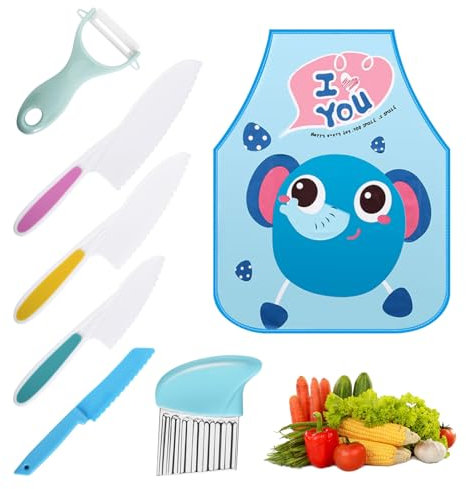 Tibapla Couteau Enfant, Couteau Cuisine Enfant, 8 Kit Couteau de Cuisine pour Enfants pour Couper et Cuire des Fruits ou Légumes avec Couteau en Bois, Eplucher, Couteau en Plastique
