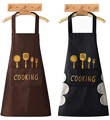 UESDU Kochschürze 2PCS Grillschürze Personalisiert Schwarz und Braun Arbeitsschürze mit Wischtuch und Taschen Wasserdicht Küchenschürze für Männer Damen