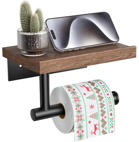 Tindbea Toilet Paper Holder with Wood Shelf, Wooden Wall Mount Tissue Paper Roll Holder, Matte Black Stainless Steel Bathroom Accessories Decor (Walnut, SUS304 Stainless Steel, Matte Black)