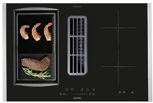 Oranier FlexX-Induktionskochfeld 80 cm KFA490 Kochfeldabzug - großes Kochfeld Abluft-Umluft & Grillplatte halb-gerillt & Edelstahl Seitenleisten