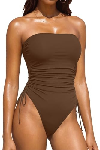 Yonique Women Strapless One Piece Swimsuit Tummy Control Bandeau Bathing Suit Cheeky Swimwear Brown M