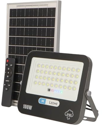 M Ledme - Foco Solar Led 100W con mando a distancia, 1000 lumens, regulable intensidad de luz, IP65, Color Luz Fría (6000k), batería de gran capacidad 10.000 mAh. Longitud del cable 2,10M