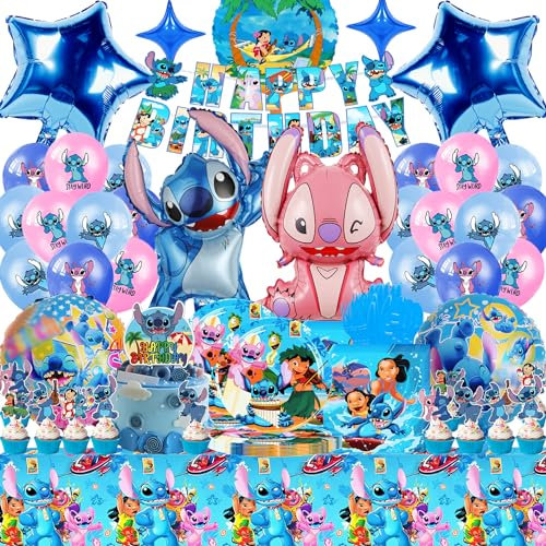 SABAN Stitc Geburtstagsdeko, Lil und Stitc Geburtstag Deko, Stitc Party Deko für Kinder, Premium 3D Luftballon, Servietten und Tortendeko, Geburtstags Geschirr Set für Jungen und Mädchen(Blau)