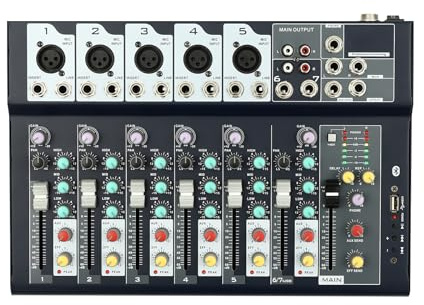 DJ Digital Mischpult audio Mixer für PC Musikaufnahme mit 7 Kanälen und Bluetooth Verbindung für Studio und Zuhause ideal für Musiker und Podcaster