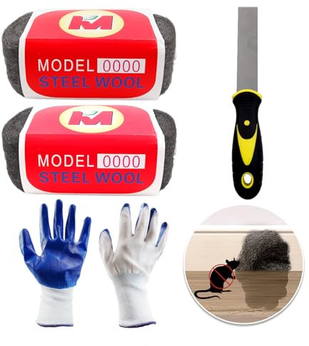 Daily Treasures 2pcs Steel Wool with Nitrile Material Gloves and Large Contact Shovel, Sharp to Prevent Rodents Steel Wool Mice Control, Rodent Control Excluder Mesh for Cracks Vents in Garden House