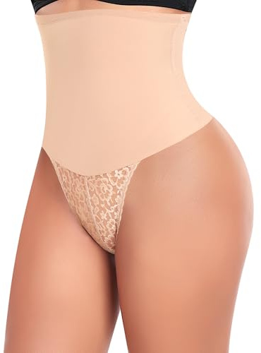Werena Tummy Control Thong Shapewear for Women Mid High Waisted Body Shaper Underwear Lace Shaping Thong Girdle Panties, #A2 High Rise Beige, L