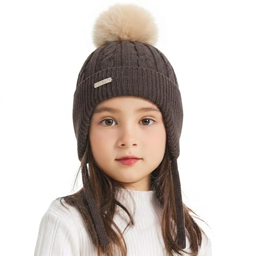 ZLYC Bonnets tricotés d'hiver en Coton à Pompons pour Enfants Filles, Taille Unique