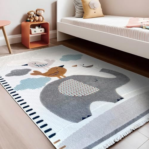 RUGURA Alfombra Infantil Habitación Niña Niño Dormitorio Animales Elefante Nubes Estrellas Arcoiris 120x170cm Gris Marrón Ocre Azul
