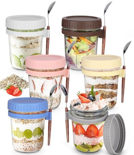lxydor 6 Stück Haferbehälter Overnight Oats Gläser Hafergläser für Übernachtung Glas Müslibecher to go kinder mit Deckel und Löffel Joghurtbecher Einmachgläser Joghurt to Go Becher Salatbecher, 350ml