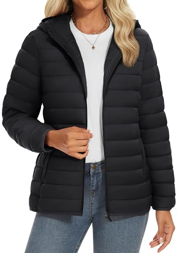 YUCOLEN Women's Puffer Jacket with Hood Lightweight Quilted Padded 4 Pockets Zip-up Coat Winter Jackets for Women Black Medium
