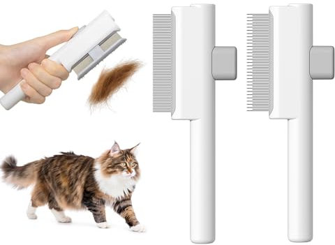 Marchul 2 Stück Katze Kamm Hund Kämme Set, Floh Kamm für Katzen und Hunde, Selbstreinigende Katze Grooming Bürste mit Release-Taste und Edelstahl Metall Runden Zähnen für die Entfernung, weiß