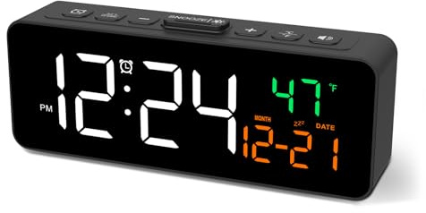 Netzu 3-in-1 Digital Clocks for Living Room with Temperature, Date & Time Display - 4 Levels Birghtness, 3 Volumes, Small & Compact Plug-in Alarm Clock for Bedroom, Office (Black)