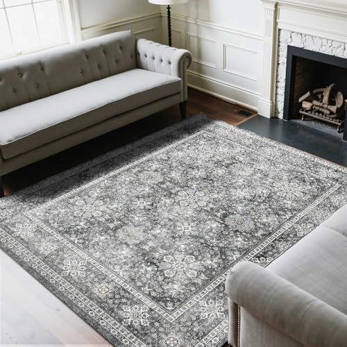 VEVOR Area Rug, 8 x 10 ft Large Washable Rug, Non-Slip and Tear-Resistant Soft Carpet, Pet & Child Friendly Vintage Area Rugs, Indoor Mat for Bedroom, Living Room, Kids Room, Entryway, Office, Gray