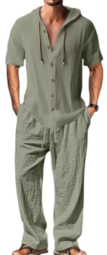 Oanviso Homme Ensemble en Lin 2 Pièce Casual Chemises T-Shirt à Capuche Hoodie à Manches Courtes Pantalons Mode Survêtement Été Haut Blouse et Pantalon Oversized A Armée Verte M