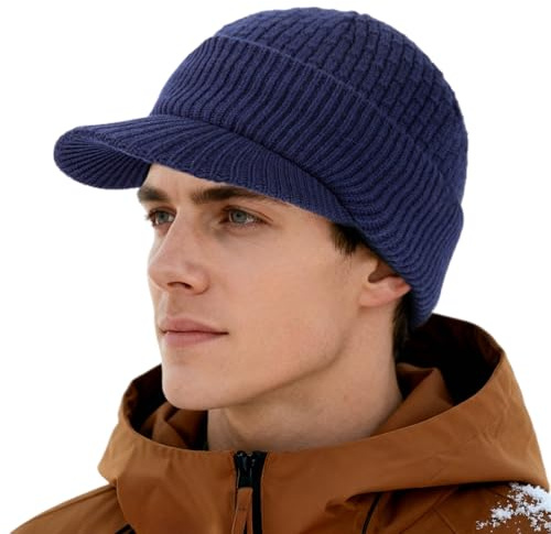 TOP-EX PolarWool™ L/XL 50% Merinowolle Wintermütze Herren & Damen Schirmmütze, Warm Beanie Mütze mit Schirm, Unisex gefütterte Strickmütze für Outdoor Running Hiking, Winddicht, Marineblau
