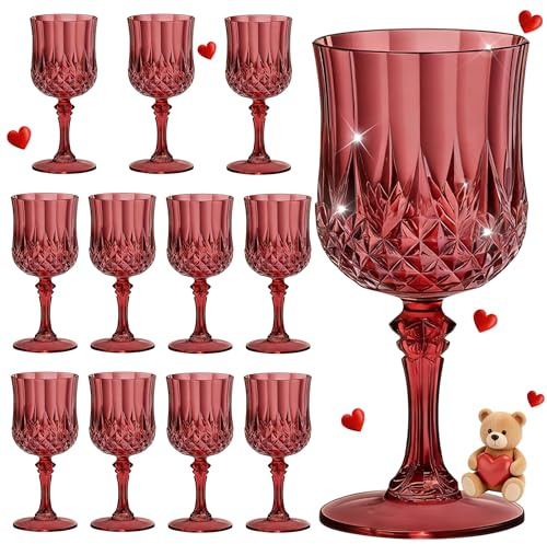 HTTBEIZI 7OZ Plastic Wine Glasses, Reusable Vintage Goblets Unbreakable Drinking Glasses Crystal Water Cups Champagne for Wedding, Parties, Mother's Day (12, Burgundy)