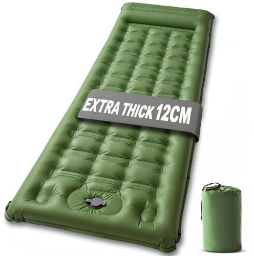 SWTMERRY Colchoneta autoinflable para camping, 12 cm, con bomba de pie y almohada, impermeable, ultraligera, para senderismo, playa, viajes, tienda de campaña (gris verde)