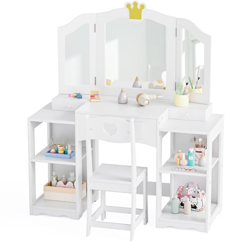 Bonnlo Tavolo da toeletta con sgabello e specchio rimovibile, tavolo per bambini con scatole portaoggetti e scomparti aperti, per ragazze dai 3 anni in su, bianco