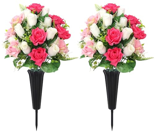 QSBOFOST Grave Decorations for Cemetery Artificial Memorial Roses Flowers Bouquets with Vases for Outdoor Grave Decorations Long-Lasting(Pink)