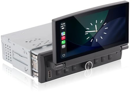 Autorradio de un Solo DIN con Pantalla abatible, CarPlay inalámbrico y Android Auto, Radio para Coche con Pantalla táctil abatible y Calidad de Sonido de Nivel OEM, Bluetooth, FM RDS