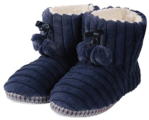 Forfoot Bootie Slippers for Women, House Warm Faux Fleece Fuzzy Valentines Slippers Indoor Outdoor Slipper Boots Shoes Navy Blue Winter Slippers Size 5-6