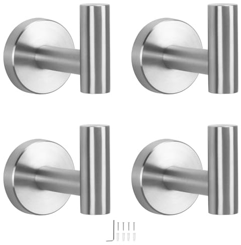 NearMoon Bath Towel Hooks- SUS 304 Stainless Steel Robe Hook Holder, Heavy Duty Coat Hook for Bathroom Livingroom Hotel Kitchen Garage, Wall Mounted- 4 Pack (Brushed Nickel)