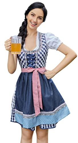KOJOOIN Women Traditional Dirndl Dress 3-Piece Midi Skirt Costume - Blue Plaid XL