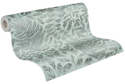 Blomtapet mintblå silver A.S. Création THE BOS 388301 fibertapet blommig 10,05 m x 0,53 m Made in Germany