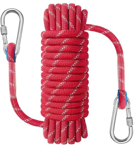 NorthPada 10mm x 20 Meters Static Nylon Heavy Duty Outdoor Climbing Rope for Knotting Practice, Arborist Tree Work, Marine Anchor Boat, Rappelling Emergency, Swing Red with Hook
