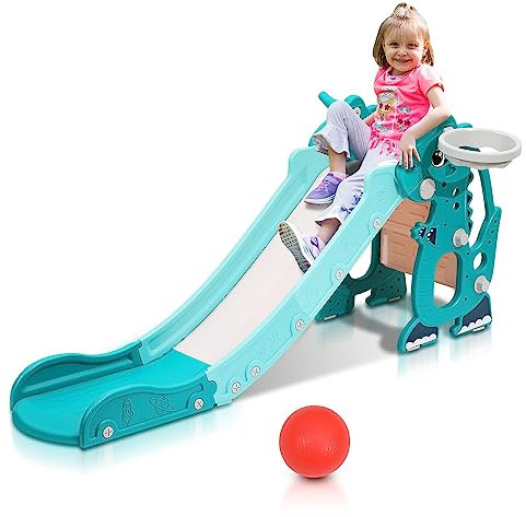 Joparri Kinder Rutsche, 4-in-1 Faltbar Kinder Fun-Slide mit Basketballkorb, Kleinkinderrutsche für 1-3 Jahre, Indoor und Outdoor Babyrutsche Gartenrutsche, bis 35KG, 145 x 38 x 67 cm, Grün