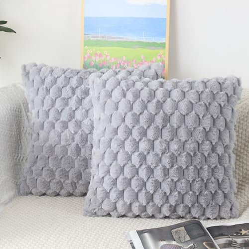 NIULAA Flauschig Kissenbezug 50x50 Grau 2er Set Plüsch Deko Kissenbezüge Weich Gestreift Kissenhülle Luxus Pelz Dekokissen Sofakissen Zierkissen Kuschelig Kissen Bezüge Wohnzimmer Sofa