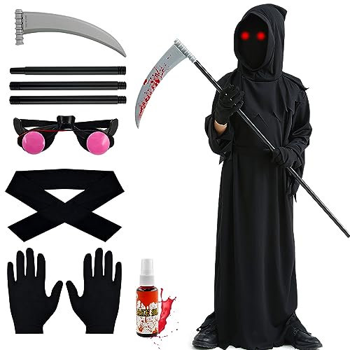 TaimeiMao Costume Halloween de Faucheur avec Yeux Brillants,Faucille,Gants,Faux Sang,Capuchon,Déguisement de Fantôme pour Halloween Cosplay,Cape de Vampire pour Enfants 8-10 Ans (M : 8-10 ans)