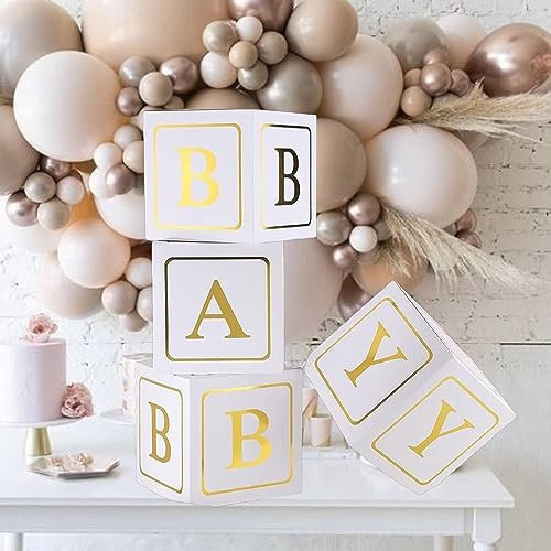 Baby Shower Boxes with Balloons – 4 White BABY Blocks with Gold Letters, Baby Boxes Decorations for Boy, Girl, or Gender Reveal Party, Neutral Baby Shower Decor