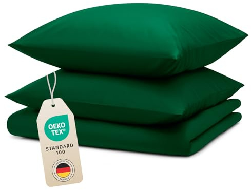 Blumtal Bettwäsche 155x220cm + 2X 80x80cm Kopfkissenbezug - Oeko-TEX zert. Mikrofaser Bettwäsche Set - Mikrofaser Bettbezug bis 95 °C - Deckenbezug + Kissenbezug 3-teilig - Bettbezug Dunkelgrün