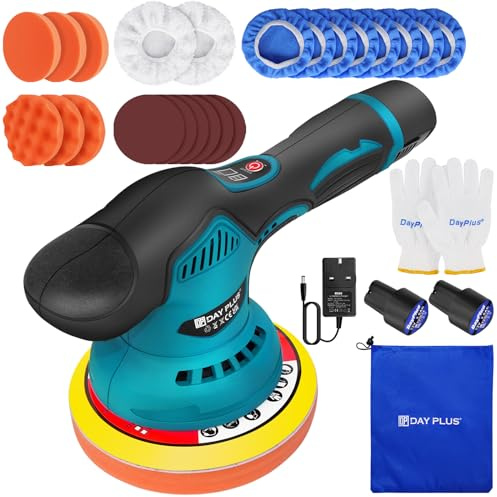 Polisher Buffer Cordless Car Polisher with 2pcs 12V 2.0Ah Batteries, 6 Inch Portable Polishing Waxer Machine Kit 2800-5500 RPM, 8 Variable Speed Cordless Car Buffing Machine with 23 Attachments
