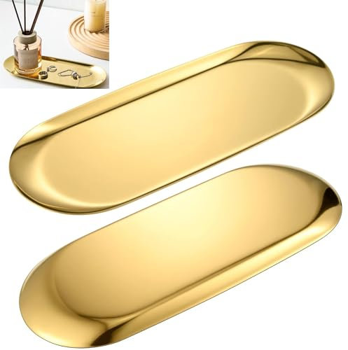 2 Stück Ovales Tablett Tablett Edelstahl Oval 23x9cm Dekoratives Tablett Kerzentablett Oval Ablageschale Schmuckschale Serviertablett für Dessert Kosmetik Schmuck Kerzen (Gold、Silber) (Gold)