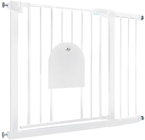 Aufun Trappskydd, dörrskyddsgaller för barn utan borrning, för 95–105 cm brett, dörrgaller med tryckfäste, självstängande, metallgaller, hundsäkerhetsgaller med kattlucka (vit)
