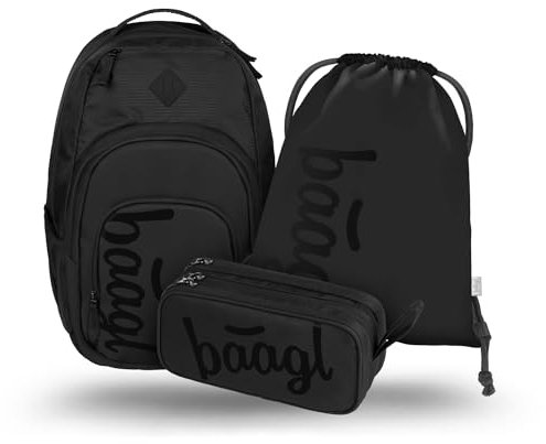 Baagl Schulrucksack Set 3 Teilig, Ergonomischer Großer Rucksack mit Kühlfach für Jungen Mädchen Teenager, Grundschule Ranzen mit Brustgurt und Laptopfach, Daypack 35 l (Black)