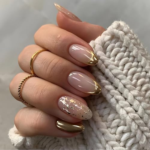 Hebterrka Lot de 24 faux ongles dorés en forme d'amande, French Tip, avec feuille dorée, en acrylique brillant, couverture complète avec colle