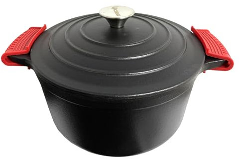 Gusseisen-Bräter mit Deckel Schwarz Ø 24 cm Rund 4,2 l inkl. Silikon Griffe Schmortopf Kochtopf