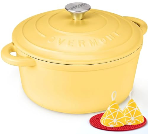 Overmont 26cm/5.2L Enamelled Cast Iron Round Casserole Dish With Lid,5.5QT, Cookbook -Non-stick Dutch Oven for Braising, Stews, Roasting, Bread Baking - Goose yellow
