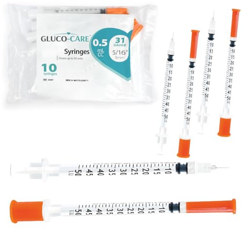 GLUCO-CARE Siringhe da 0,5 ml/cc 31G x 5/16 (8 mm), 10 pezzi/sacchetto