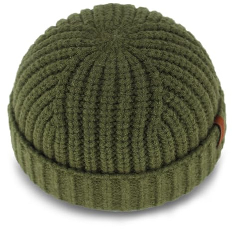 KNITDAY Chunky Wool Fisherman Short Beanie Hats Skull Cap for Men, Mens Thick Skater Streetwear Fishermans Beanie Warm Winter Knit Daily Hat (Olive)