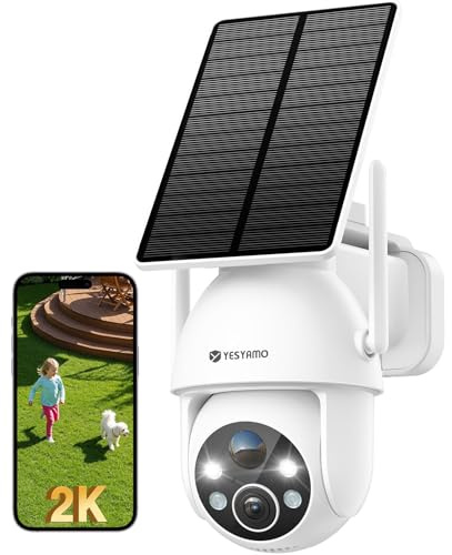 YESYAMO 3MP Camara Vigilancia WiFi Exterior Solar, 2.4GHz Camaras de Vigilancia sin Cables, 360° PTZ, Visión Nocturna Color, IP66, IA Inteligente y PIR Detección, Audio Bidireccional - Blanco
