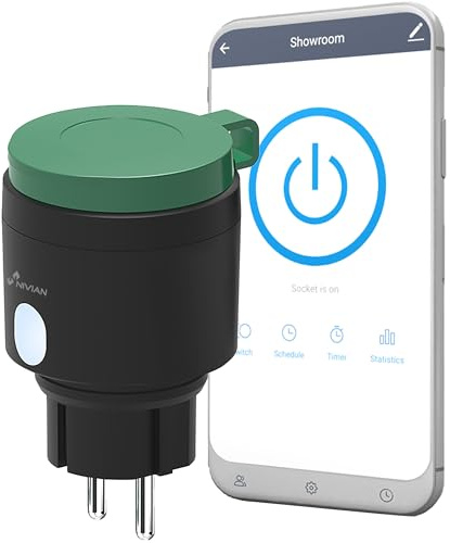 NIVIAN Enchufe Inteligente WiFi Exterior IP44, Control Remoto App Tuya, Medición de Consumo, Programación Horaria y Temporizador, Smart Home Jardín, Compatible con Alexa y Google, App Smartlife