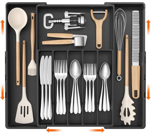 Lifewit Portaposate da Cassetto Espandibile, Porta Posate Regolabile in Plastica, Organizer Cucina per Forchette Coltelli e Cucchiai, con Flessibile da 5 a 8 Scomparti, Larghezza 30,5 a 52 cm, Nero